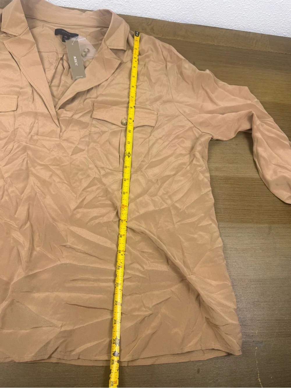 NWT J Crew Size XL Tan Camel 100% Silk Patch Pocket Popover Top BB250